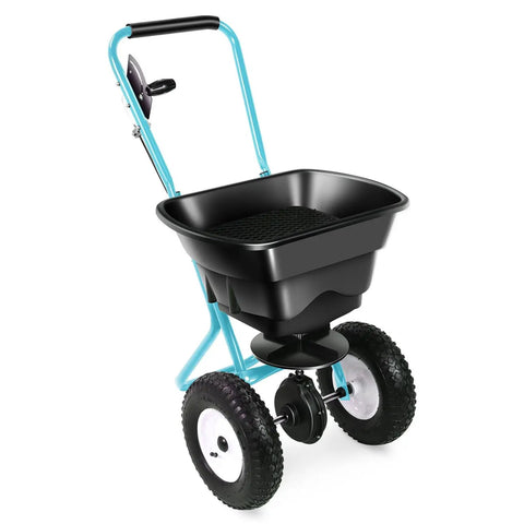 Walk Behind Broadcast Spreader With 80 Lb Capacity For Fertilizer Salt Ice Melt Grass Seed And Lawn And Garden Care Pro Grade Heavy Duty With Side Spread Control For Precise Coverage. Black hopper and blue frame.