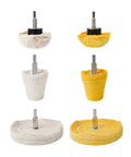 Aluminum Wheel Polishing Kit For Drill Buffing Wheel Set Smooths Car And Motorcycle Rims Stainless Steel Chrome Wood Plastic Ceramic Glass And More 6 Piece Polishing Kit, showing six buffing wheels