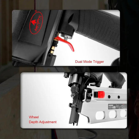 Close-up of Framing Nailer Heavy Duty Pneumatic 21 Degree RHF9021 dual mode trigger and toolless depth adjust wheel for accuracy.