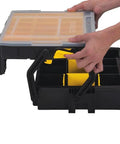 Hands opening Multi Level Organizer Box With Dividers And Cantilever Design Portable And Linkable, transparent lid view