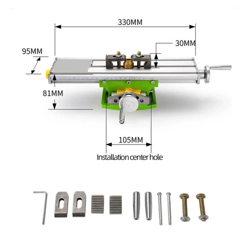 Rock Solid Compact Bench Drill Vise And Lathe Worktable Fixture With Dead Nuts Accurate X And Y Adjustment Coordinate Table close-up with tools.