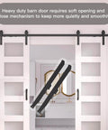 White Glass Double Barn Door 24 In x 84 In With 8 Ft Sliding Hardware Kit DIY Friendly Tempered Frosted Glass MDF Core With Eco Waterproof PVC Easy Install DIY Assembly Includes Sliding Door And Hardware For A Simple Home Upgrade shown fully installed in home interior.