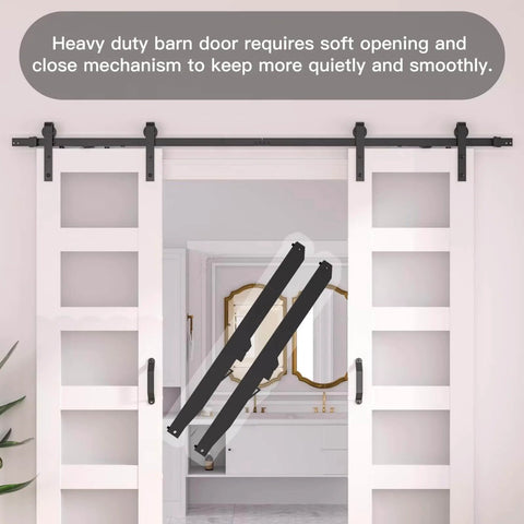 White Glass Double Barn Door 24 In x 84 In With 8 Ft Sliding Hardware Kit DIY Friendly Tempered Frosted Glass MDF Core With Eco Waterproof PVC Easy Install DIY Assembly Includes Sliding Door And Hardware For A Simple Home Upgrade shown fully installed in home interior.