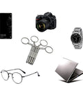 120 Piece Eyeglass Repair Kit with Tiny Screws Nuts and Universal Screwdrivers shown with glasses, watch, camera, phone, and laptop.