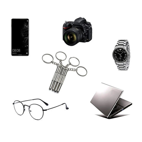 120 Piece Eyeglass Repair Kit with Tiny Screws Nuts and Universal Screwdrivers shown with glasses, watch, camera, phone, and laptop.