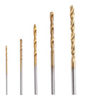 Five drill bits from 50 Piece High Speed Steel Twist Drill Bit Set With Straight Shank For Metal Wood Plastic DIY Drilling Projects.