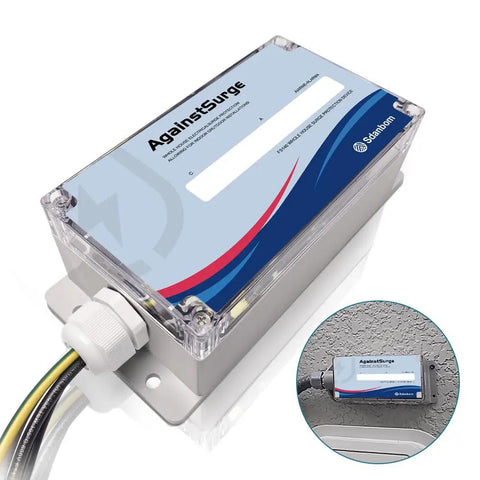 Heavy Duty Whole House Surge Protector Rated At 140,000 Amps That Safeguards Your TV, Computer, Smart Appliances, HVAC And More, Easy Install Plug And Play Home Surge Guard For Solid Peace Of Mind, close-up view.