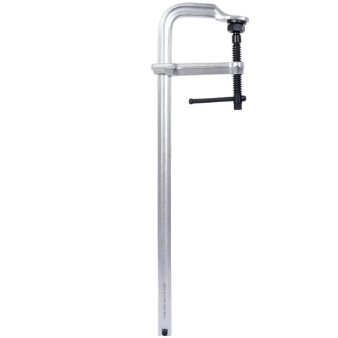 Heavy Duty F Clamp With Removable Swivel Pads 20 Inch Capacity And 5.5 Inch Throat Steel Bar Tool, shown upright for woodworking.