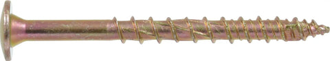 Pro Grade Multi Material Screws With A Durable Yellow Zinc Coat And Slick Wafer Head Design Star Drive Bits Run Smooth For Cabinet Builds And Interior Carpentry Built Tough To Lock Down Wood Metal Plastic Plywood Without Any Sweat, shown in a close-up view.