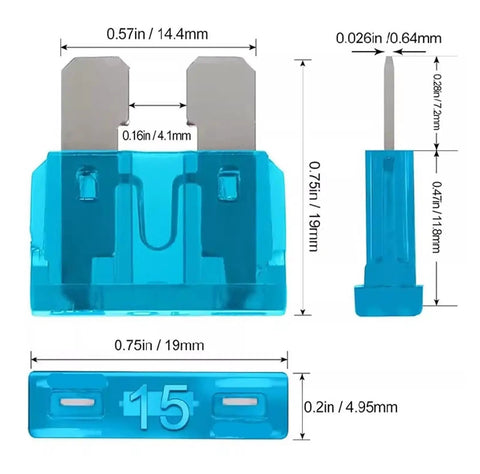 Massive 300 Piece Mixed Car Blade Fuse Set with measurements, blue 15A fuse details, for Cars Trucks Boats Motorcycles RVs and Home Electronics