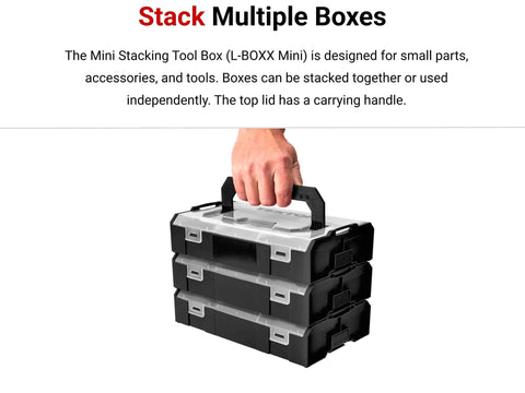 Black Mini Stacking Tool Box With Dividers 3-Piece Set For Small Parts And Accessories, L-BOXX Mini System Compatible, in use