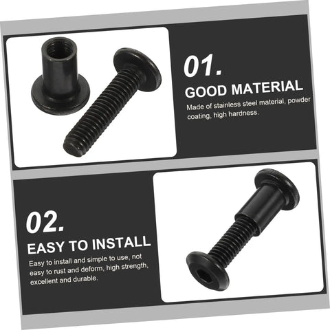 Heavy Duty 10 Pack Countersunk Binding Screws And Barrel Nuts For Furniture Hardware And Photo Album Crafting With Dang Solid Metal Construction And Sweat Free Assembly For Everyday Diy Tasks, showing a black binding screw and barrel nut.