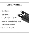 10 Pieces 48 Inch 1220mm 2020 V Slot Aluminum Extrusion Profiles European Standard Anodized Silver For 3D Printer Laser Engraving Machine CNC Workbench DIY Rig Frame Rail Guide detailed product specifications