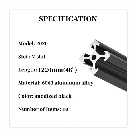 10 Pieces 48 Inch 1220mm 2020 V Slot Aluminum Extrusion Profiles European Standard Anodized Silver For 3D Printer Laser Engraving Machine CNC Workbench DIY Rig Frame Rail Guide detailed product specifications