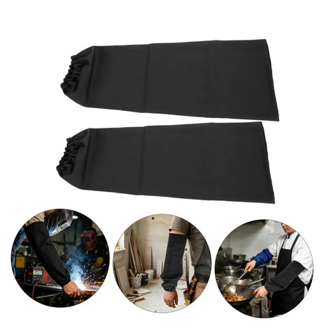 Premium Heat Resistant Welding Arm Sleeves Flame Retardant Cotton Guards With A Snug Elastic Fit Built Tough For Rough Job Sites And Heavy Duty Mechanic Work One Black Pair displayed on white background.