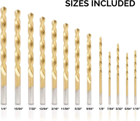 Left-Hand Drill Bit Set, Go-To Titanium Nitride Coated High-Speed Steel Bits, Reverse-Twist Design, SAE Inch Sizes, 13-Piece Kit For Quick Self-Centering Drilling And Fast Chip Clearing
