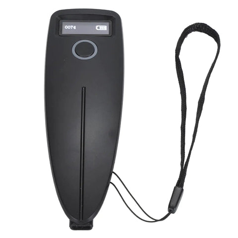Portable 2D Barcode Scanner Mini Reader With Wireless 2.4G USB Modes in black ABS housing, top view with strap.