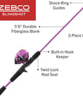 Slingshot Spincast Reel and Fishing Rod Combo for Beginners 5 Foot 6 Inch 2 Piece Fiberglass Rod Size 30 Reel Purple
