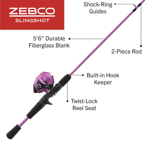 Slingshot Spincast Reel and Fishing Rod Combo for Beginners 5 Foot 6 Inch 2 Piece Fiberglass Rod Size 30 Reel Purple