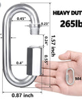 Diagram of 304 Stainless Steel Quick Link D Shape Locking Carabiner Heavy Duty Repair Link for outdoor gear with dimensions and M4 size shown.