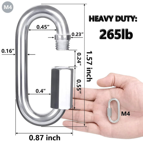 Diagram of 304 Stainless Steel Quick Link D Shape Locking Carabiner Heavy Duty Repair Link for outdoor gear with dimensions and M4 size shown.
