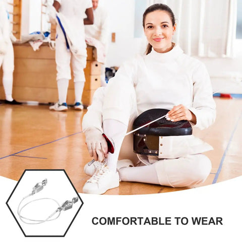 Fencer with gear showing Pro Grade Fencing Cable Clips Set For Head Line And Body Cord Stainless Steel Clips For Adult Masks