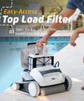 E10 Automatic Robotic Pool Vacuum Cleaner With Active Scrub Brush And Easy Top Load Filter Access near poolside showing filter removal.