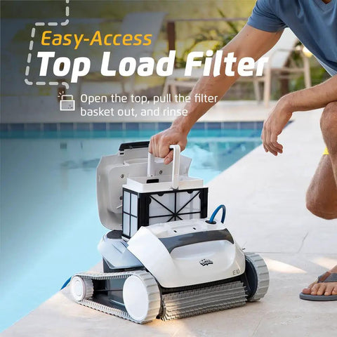 E10 Automatic Robotic Pool Vacuum Cleaner With Active Scrub Brush And Easy Top Load Filter Access near poolside showing filter removal.