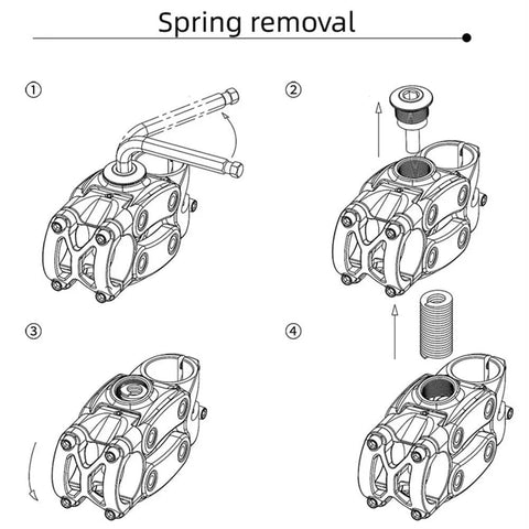 Diagram showing spring removal process for Mountain Bike Shock Absorber Spring Beefed Up For Suspension Stem Dashpot 90mm Angled 7 Degree