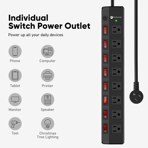Heavy Duty 8 Outlet Power Strip With Individual Switches, 1200 Joules Surge Protection, 6 Foot Cord, Black, Wide Spaced Plugs, Dope for Home Office, Entertainment Setup, and Multi Device Charging vertical view