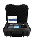 No Fuss Portable Digital Surface Roughness Gauge With Slick Two Point Four Inch Color Screen And Quick Charge Battery in protective case.