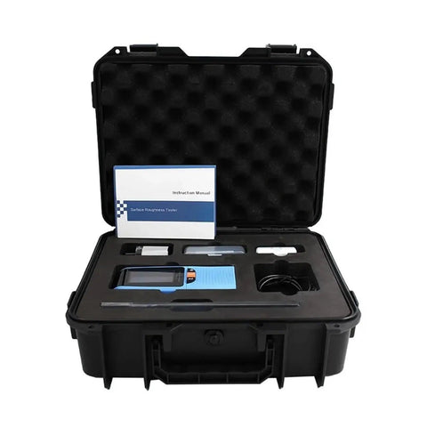 No Fuss Portable Digital Surface Roughness Gauge With Slick Two Point Four Inch Color Screen And Quick Charge Battery in protective case.