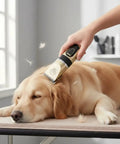 Hassle-Free Rechargeable Electric Hair Clippers For Dogs And Cats trimming a Golden Retriever on a grooming table, showcasing quiet operation.