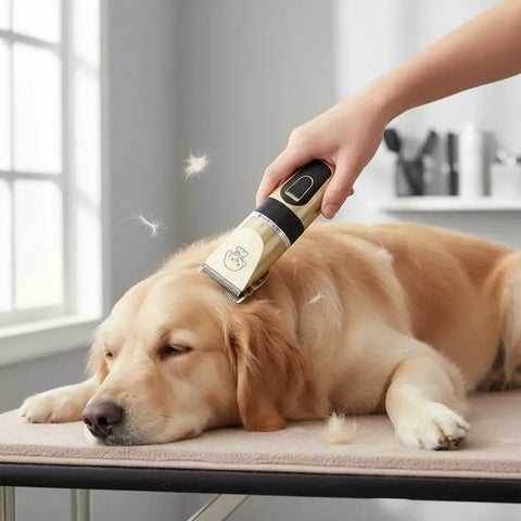 Hassle-Free Rechargeable Electric Hair Clippers For Dogs And Cats trimming a Golden Retriever on a grooming table, showcasing quiet operation.