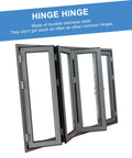 Heavy Duty Double Action Spring Hinges Built Tough As Nails With Rust Proof Stainless Steel For Smooth Self Closing Swing Doors. Stainless steel hinges shown from an angle with four doors.