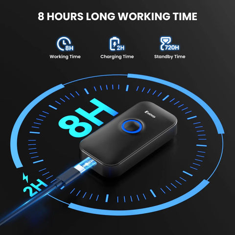 Go To Ultra Portable 1D Mini Bluetooth Barcode Scanner showing 8 hours working time, 2 hours charging, and 720 hours standby.