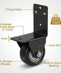 Image of a Four Pack 2 Inch Side Mount Casters With Silent Fixed L Bracket Wheels showing black L bracket and PU rubber wheel.
