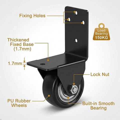 Image of a Four Pack 2 Inch Side Mount Casters With Silent Fixed L Bracket Wheels showing black L bracket and PU rubber wheel.