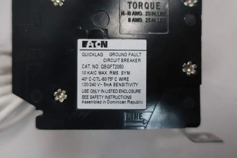 Label view of QBGFT2050 Two Pole 50 Amp Miniature Circuit Breaker with specifications and assembly details.