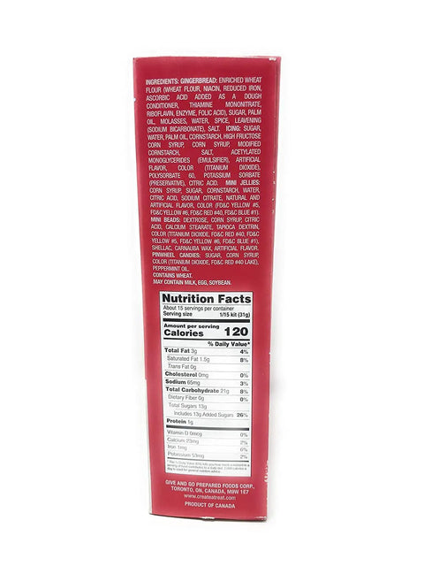 Nutrition facts and ingredients of EZ Build Gingerbread House Kit With Prebaked Pieces White Icing And Festive Candy.