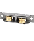 Heavy Duty Replacement Sliding Door Window Sash Pulley Wheels For Slick Slide Operation Dual Roller Setup Cuts Down On Dragging Frames Tough Brass And Stainless Steel Housing Comes In A 4 Piece Set, showing a dual roller pulley.