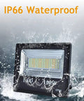 JUDYSSY 100W Led Solar Flood Lights, IP66 waterproof solar floodlight with LED panel in water.