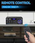 Remote control interacting with Powerful Bluetooth 5 Point 0 HiFi Stereo Amplifier Receiver 40W X 2 Channel audio system on shelf