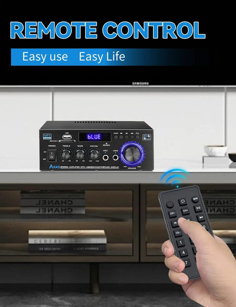 Remote control interacting with Powerful Bluetooth 5 Point 0 HiFi Stereo Amplifier Receiver 40W X 2 Channel audio system on shelf