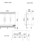 Pro Level Three Door Reach In Refrigerator 72 Cubic Feet Stainless Steel Commercial kitchen dimensions front, side, and top views.