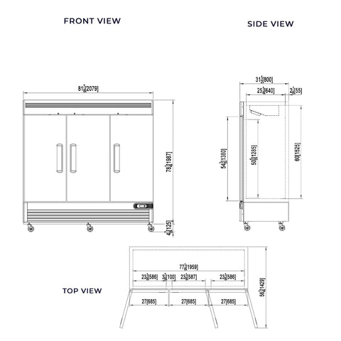 Pro Level Three Door Reach In Refrigerator 72 Cubic Feet Stainless Steel Commercial kitchen dimensions front, side, and top views.