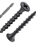 Number Six By One Point Twenty Five Inch Phillips Truss Head Drywall Screws Black Phosphate Heavy Duty Steel Bang For Buck Rock Solid Grip One Pound Pack For Wood Slate with a screwdriver bit.