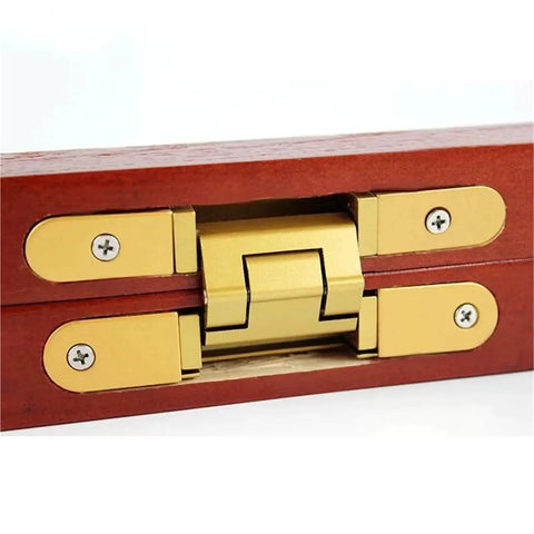 No-Nonsense Hidden Door Hinges 140Mm Silver Adjustable Concealed Cabinet Hardware Set Of 2, close-up view of gold hinge on wood.