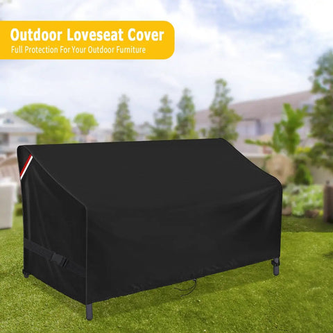 Outdoor Loveseat Cover For Two-Person Glider Benches And Sofas in black 600D oxford, waterproof and weatherproof, garden view.