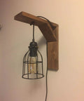 Farmhouse Vintage Industrial Wire Cage Pendant Light Shade Open Style Lamp Guard on a wooden mount, Edison bulb inside